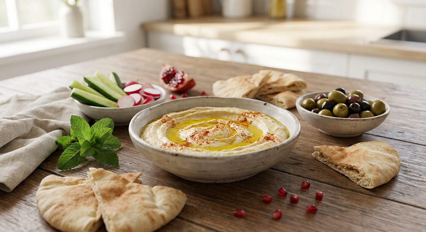 Middle Eastern meze table with hummus and pita bread