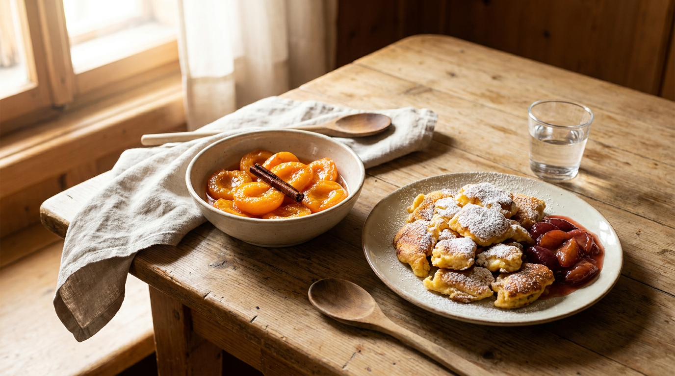 Kaiserschmarrn mit Zwetschgenröster auf dem Holztisch