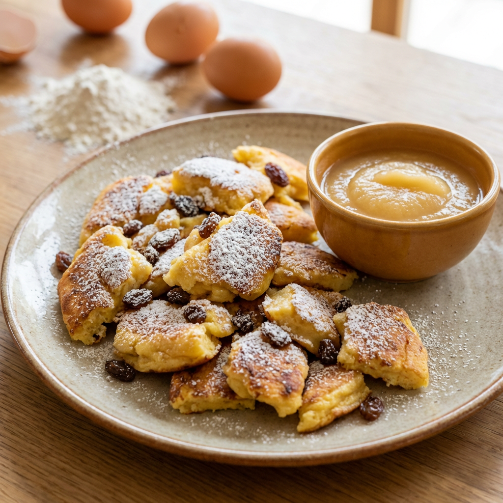 Zutaten für Kaiserschmarrn: Eier, Mehl, Milch, Butter