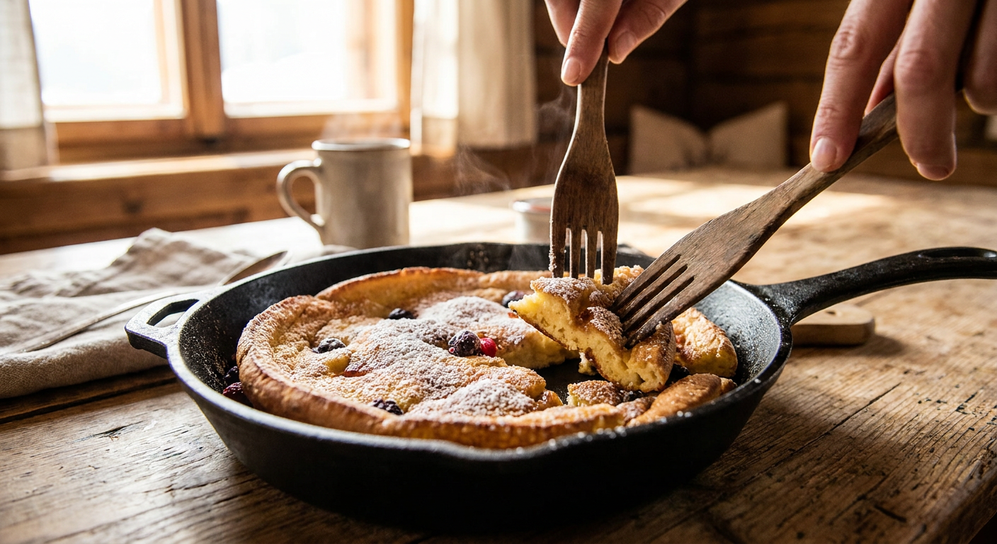 Kaiserschmarrn in der Gusseisenpfanne mit zwei Gabeln zerzupfen