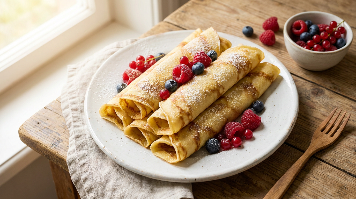Goldgelbe Pfannkuchen auf Teller mit Puderzucker und Beeren