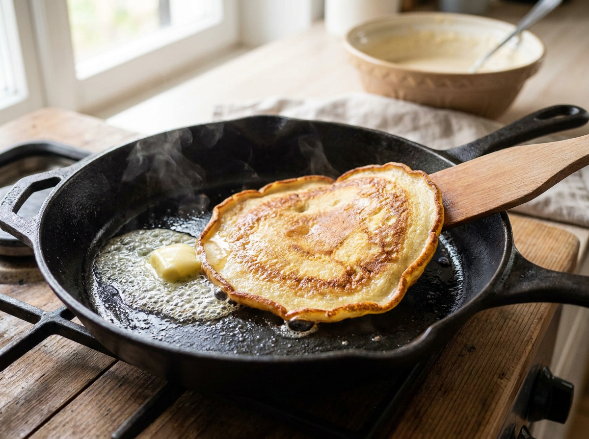 Pfannkuchen wird in der Pfanne goldgelb ausgebacken