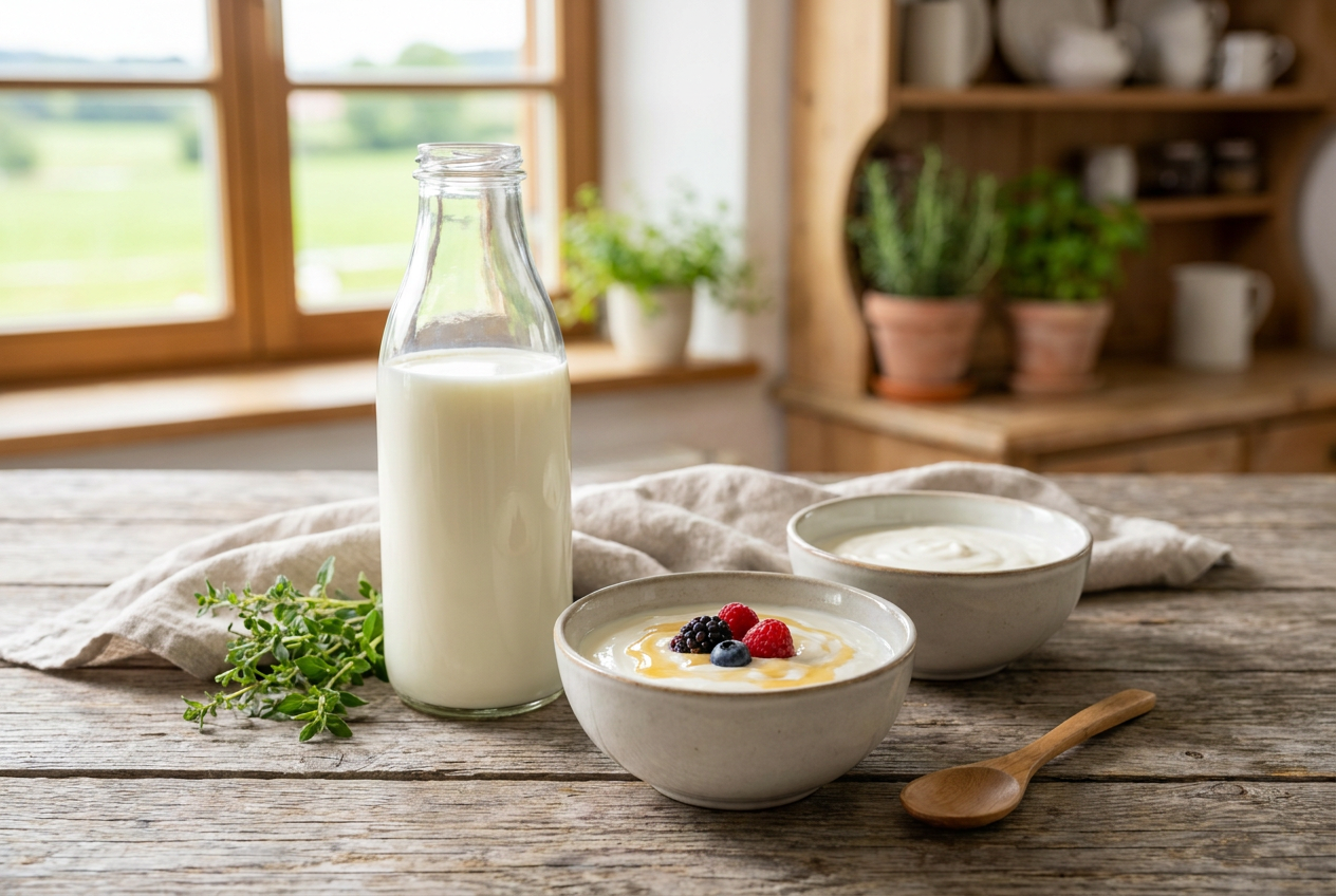 Frische bayerische Bio-Milch und Naturjoghurt