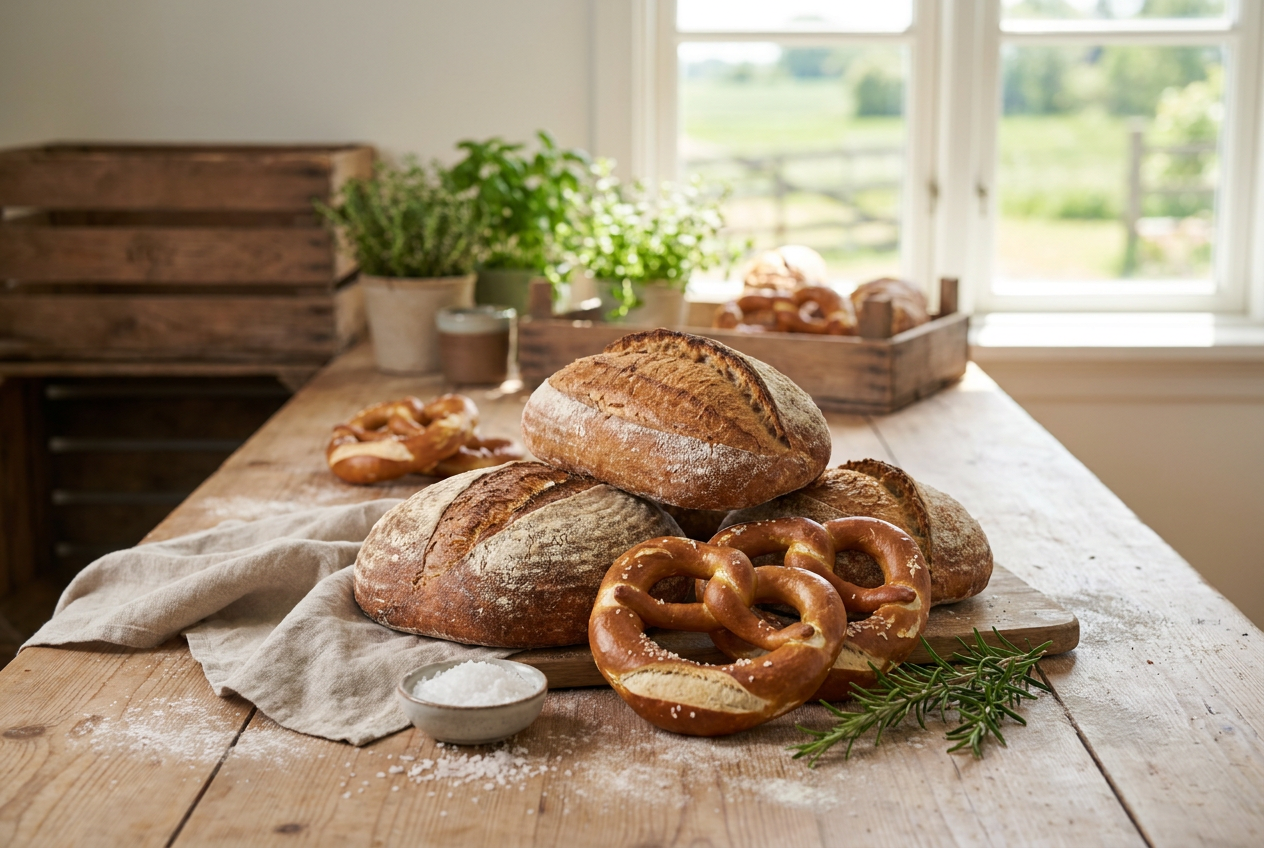 Frisches handwerkliches Bio-Brot auf Holzbacktisch