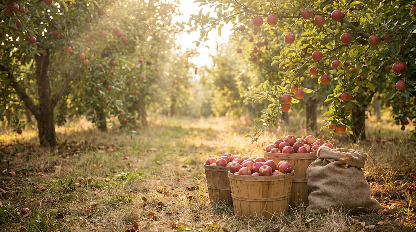 Sonniger Obsthof mit reifen roten Äpfeln im Spätsommer