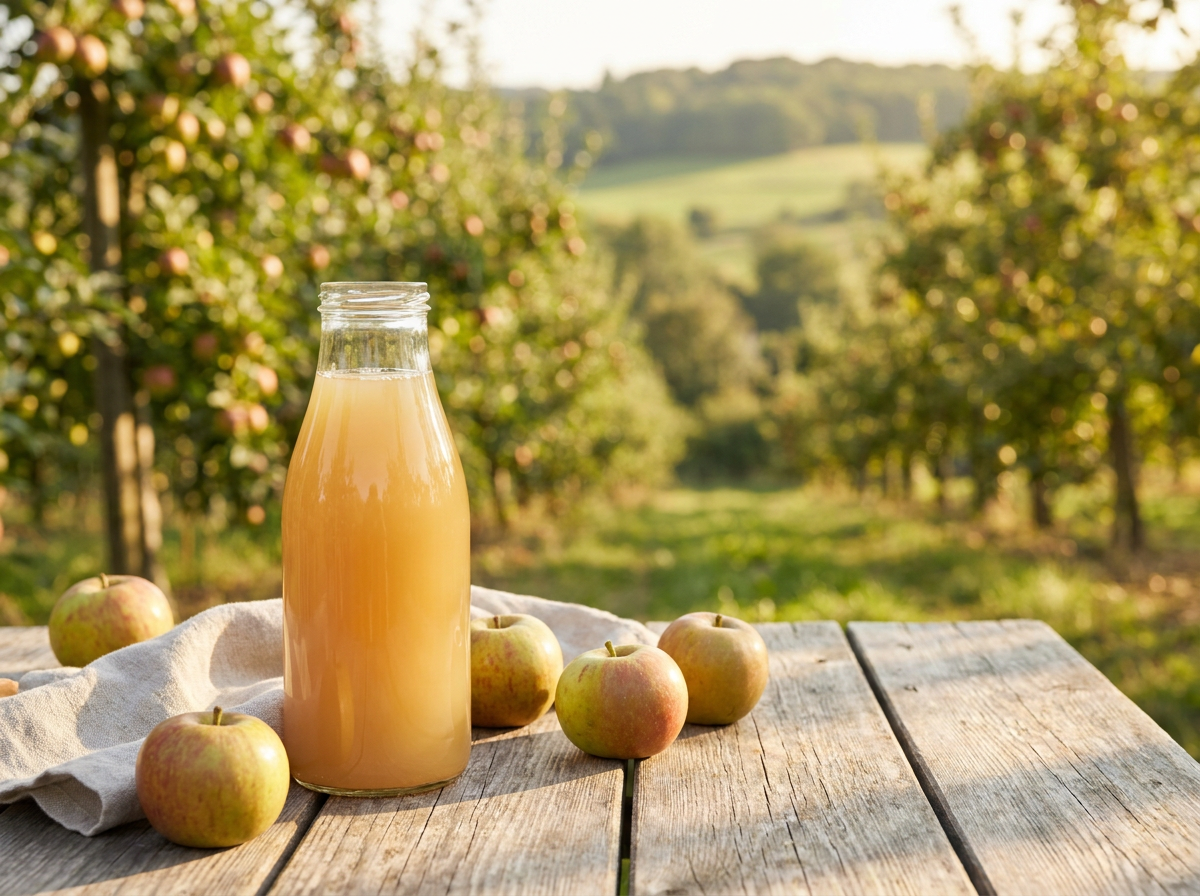 Hessischer Obsthof mit Apfelbäumen und frischem Apfelsaft bei Frankfurt