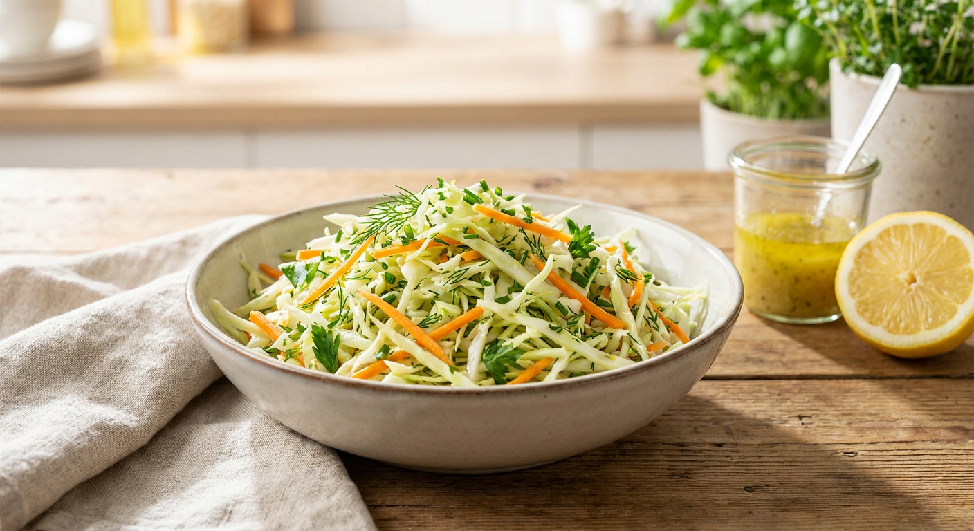 Schüssel mit frischem knackigem Spitzkohl Salat und Kräuter Dressing