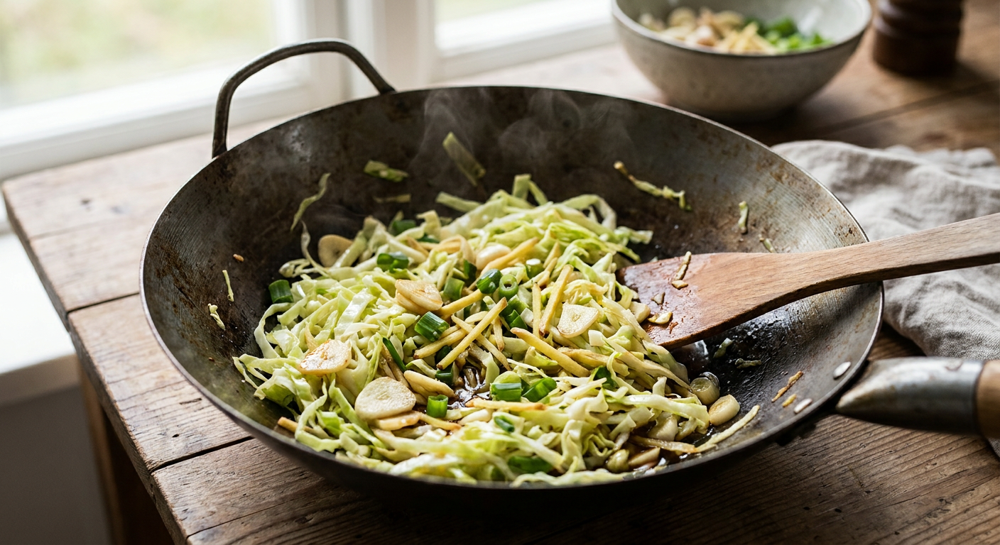 Aromatischer Asiatischer Spitzkohl Wok Stir Fry mit Knoblauch