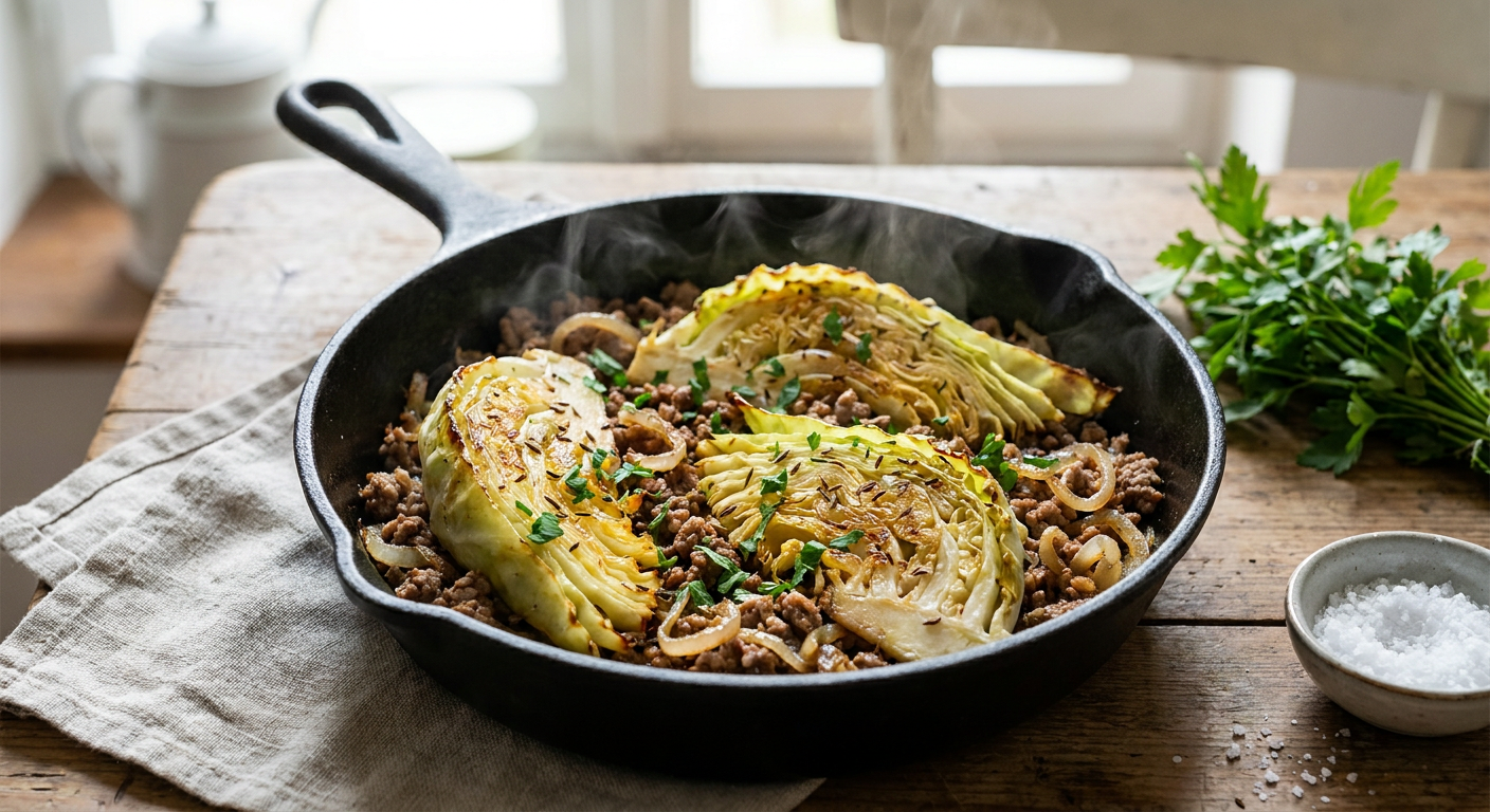 Dampfende Spitzkohl Hackfleisch Pfanne mit Kümmel und Kräutern
