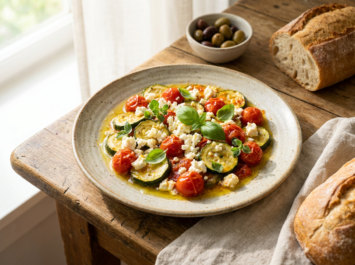 Servierte Zucchini Feta Pfanne