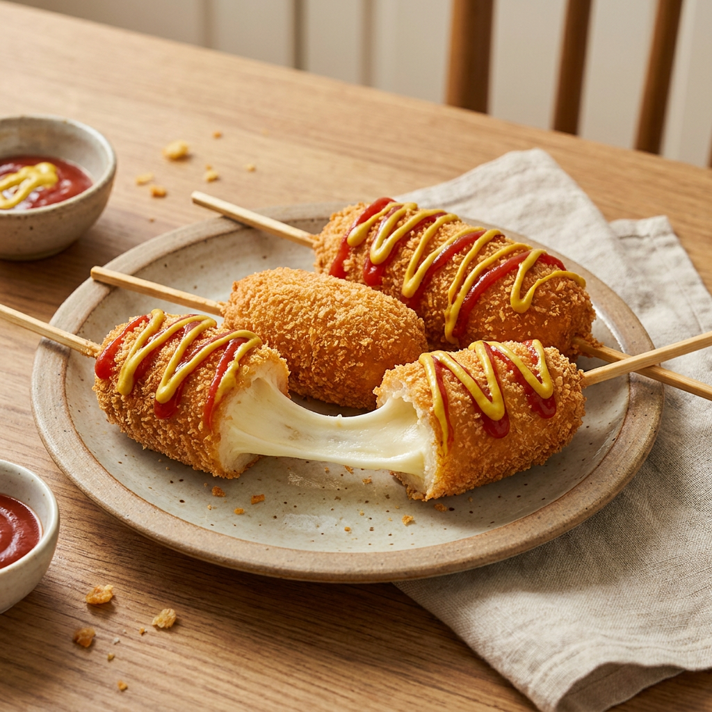 Korean Mozzarella Corn Dog mit schmelzendem Käse