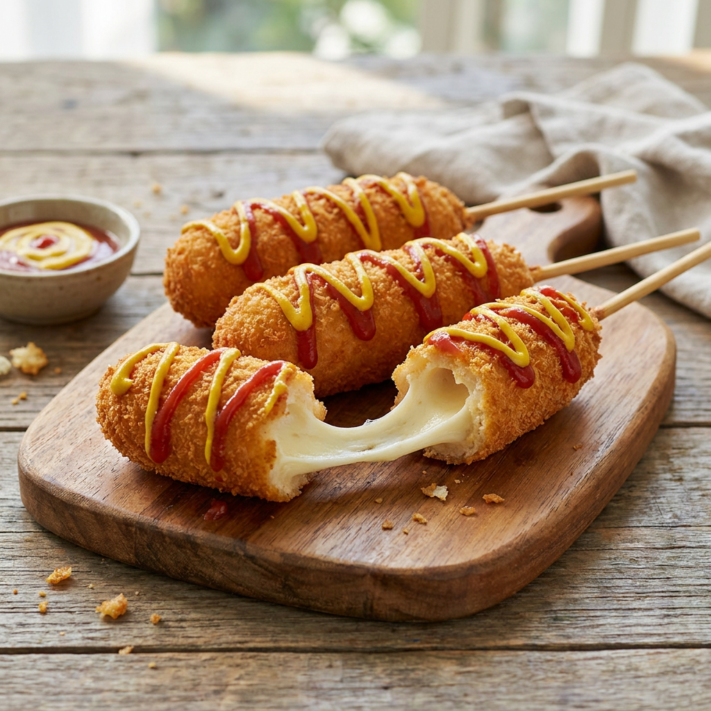 Corn Dogs reichlich serviert mit Saucen und Dips