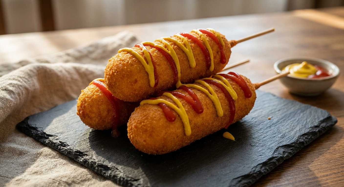 Knusprige Corn Dogs auf Holzspießen mit Senf und Ketchup