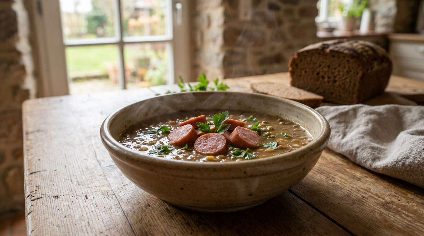 Herzhafte dampfende Linsensuppe nach Omas Rezept mit Würstchen und frischer Petersilie
