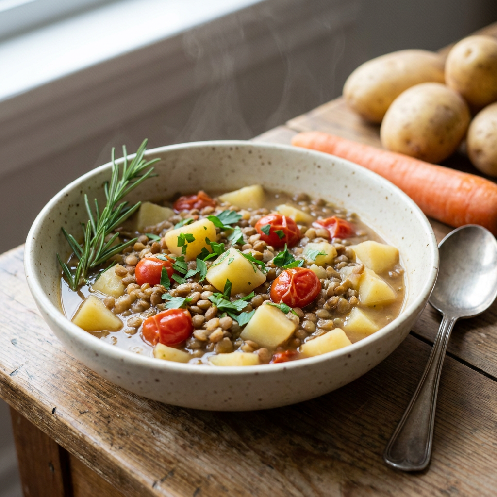 Braune Tellerlinsen und frische Zutaten für Linsensuppe