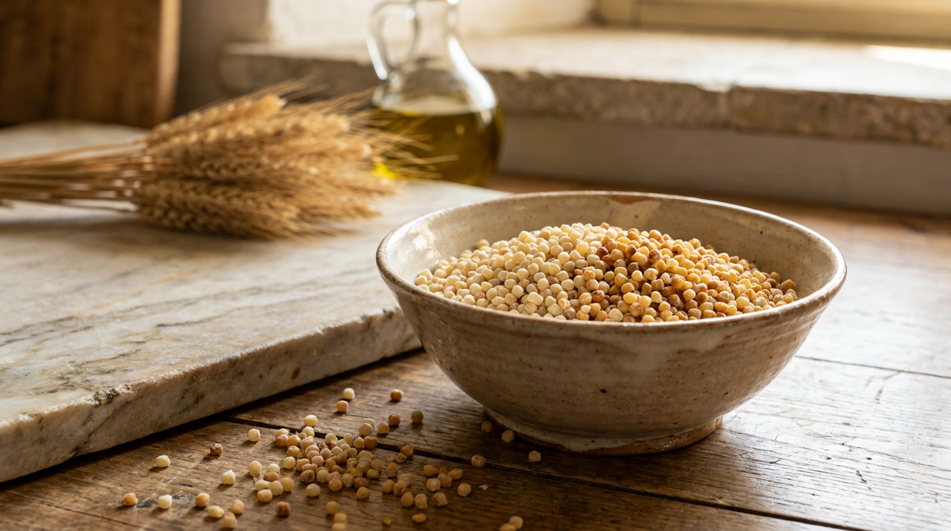 Fregola Sarda in einer Keramikschüssel mit mediterranen Zutaten