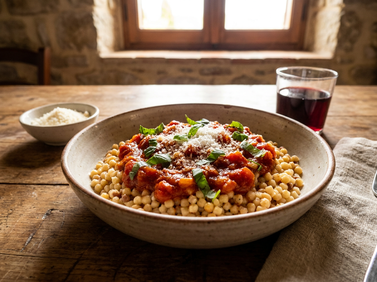 Servierte Fregola Sarda mit Tomatensauce und Basilikum