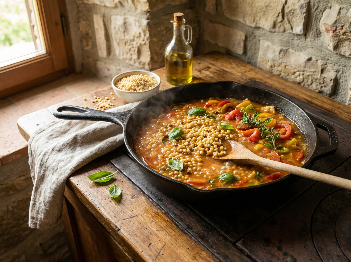 Zubereitung von Fregola Sarda im Pfannen-Risottostil