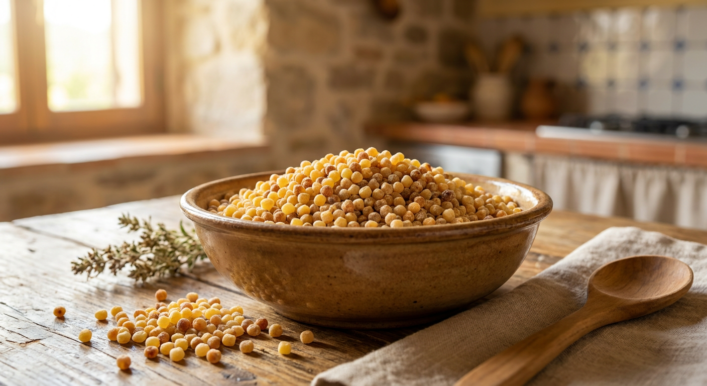 Ungekochte Fregola Sarda Körner in einer Schale