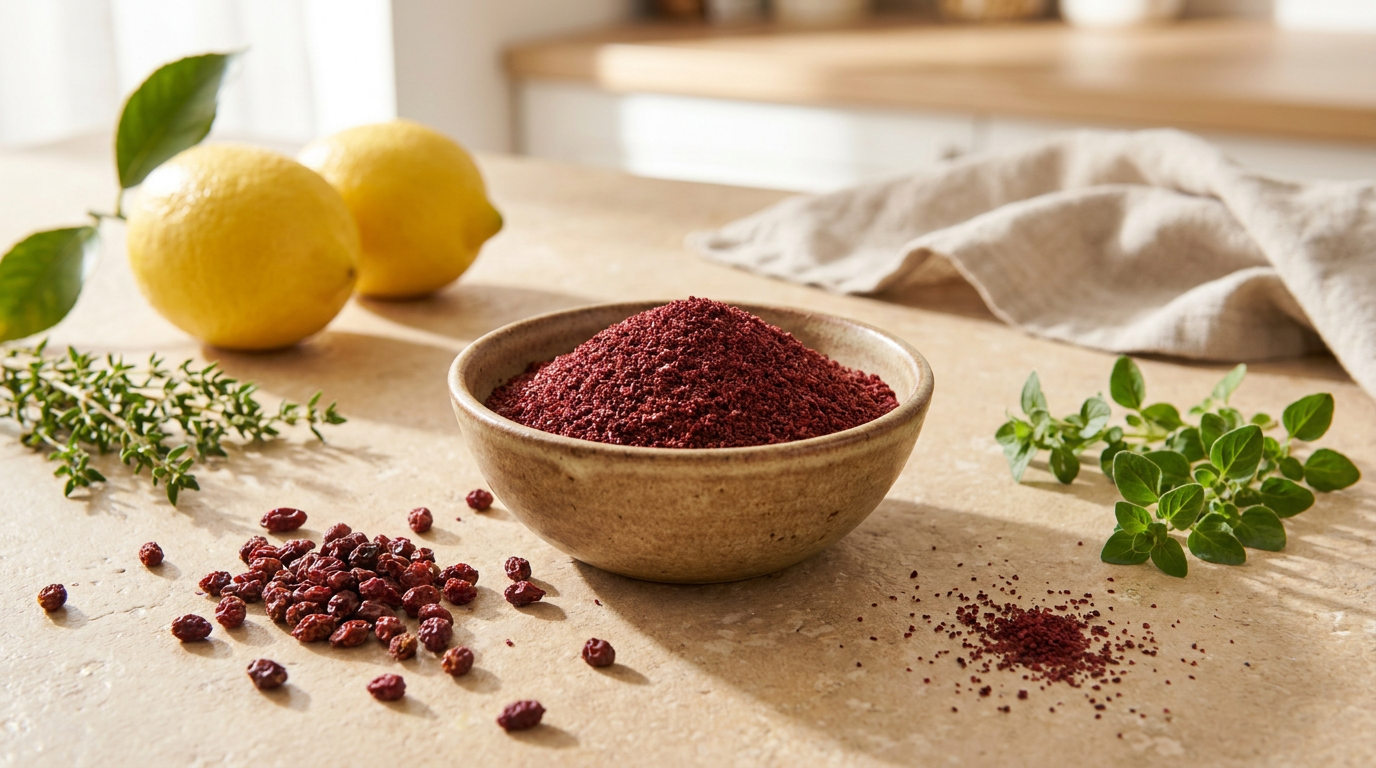 Rubinrotes Sumach Gewürzpulver mit getrockneten Beeren und frischen Kräutern