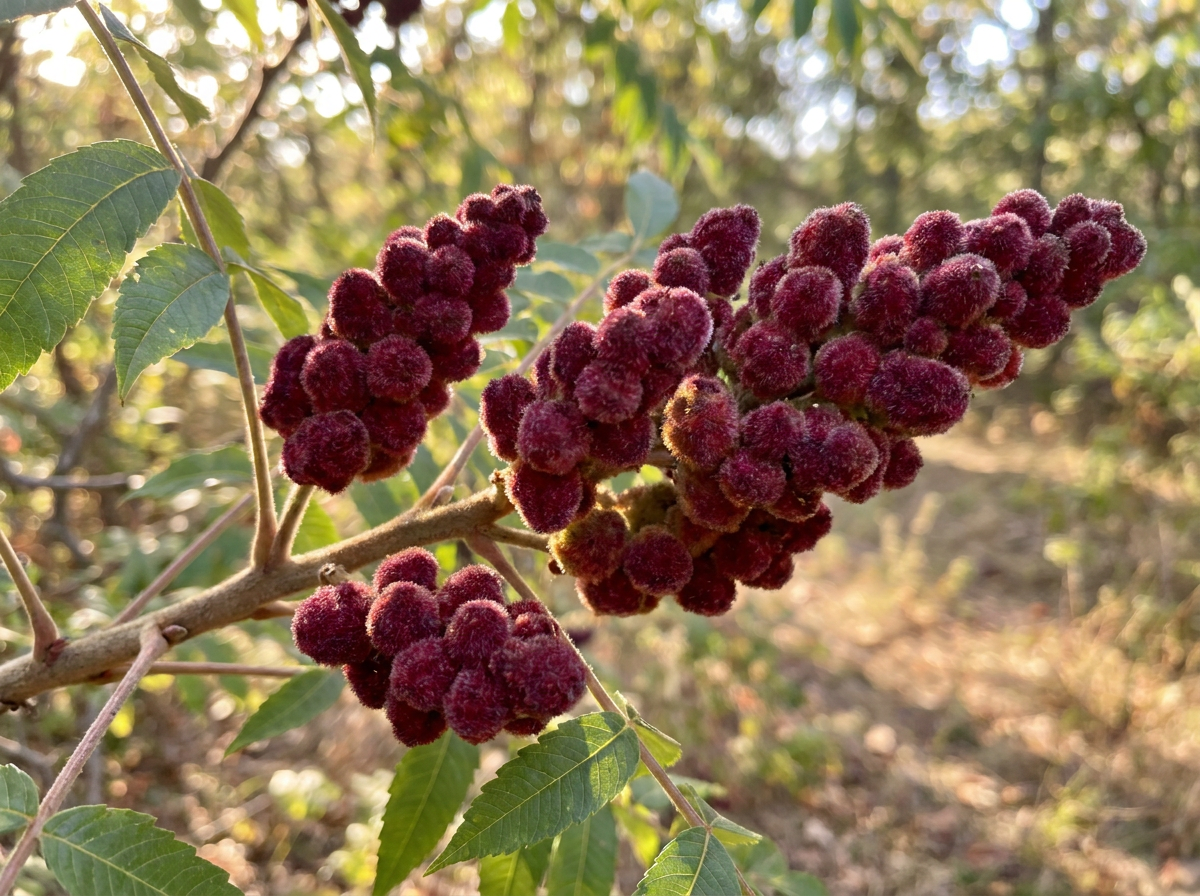 Reife samtig rote Sumach Beeren an Zweigen in der mediterranen Sonne