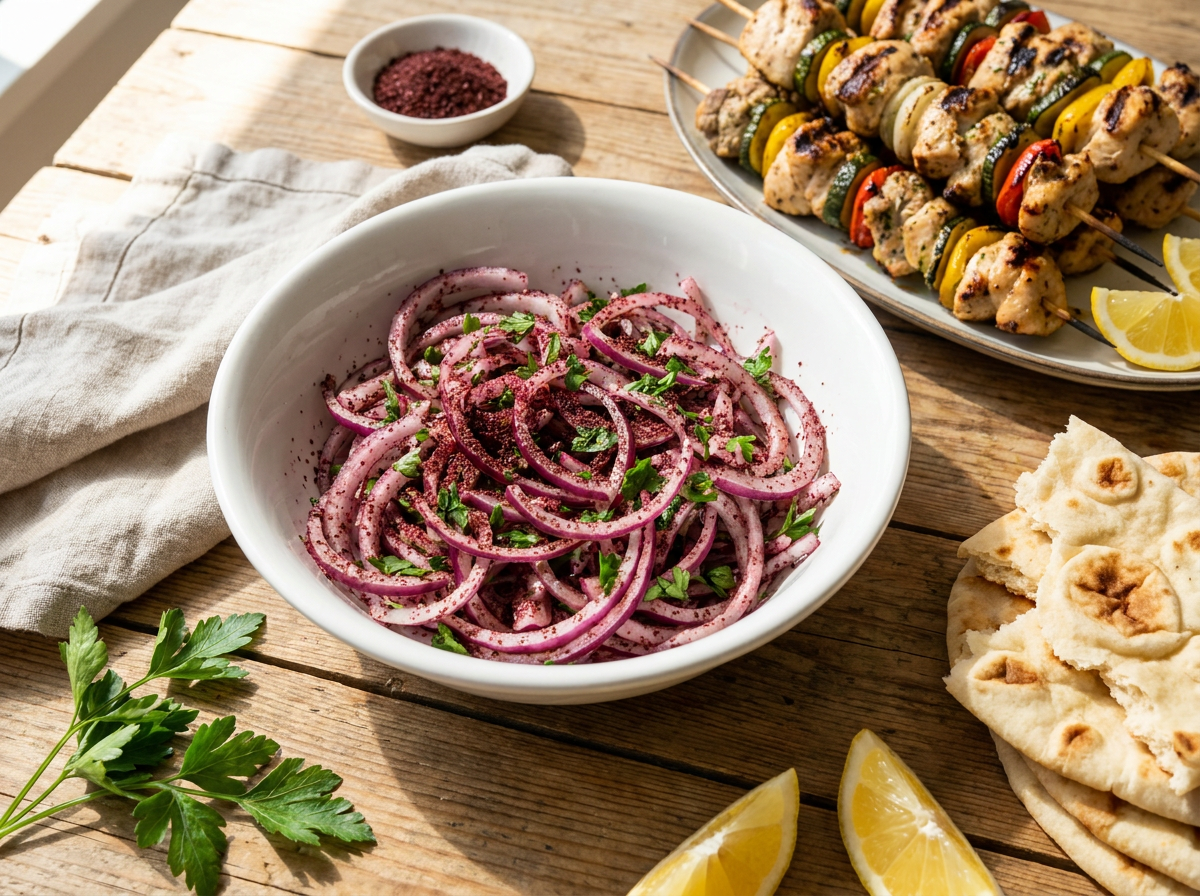 Rote Sumach Zwiebeln mit frischer Petersilie und gegrilltem Fleisch auf Fladenbrot
