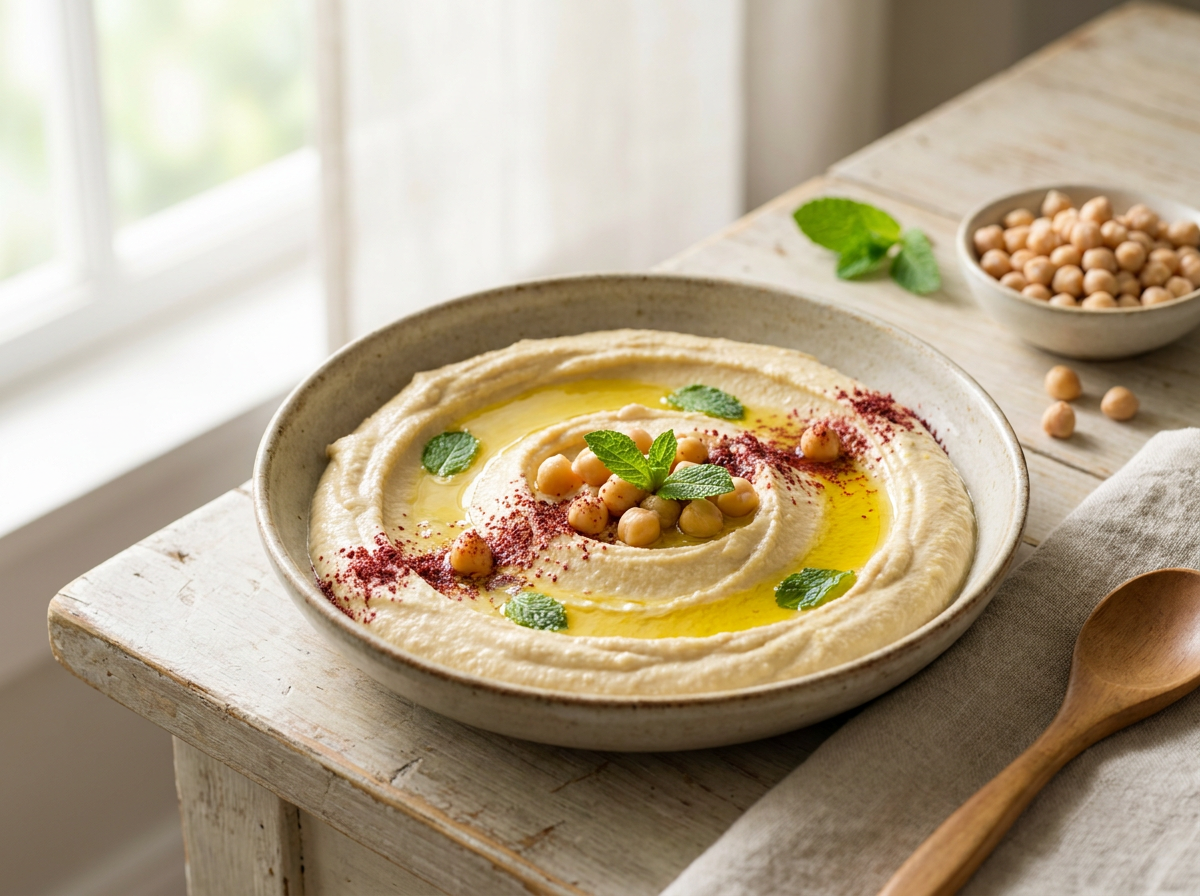 Cremiger Hummus mit Sumach Olivenöl und Kichererbsen auf dem Küchentisch