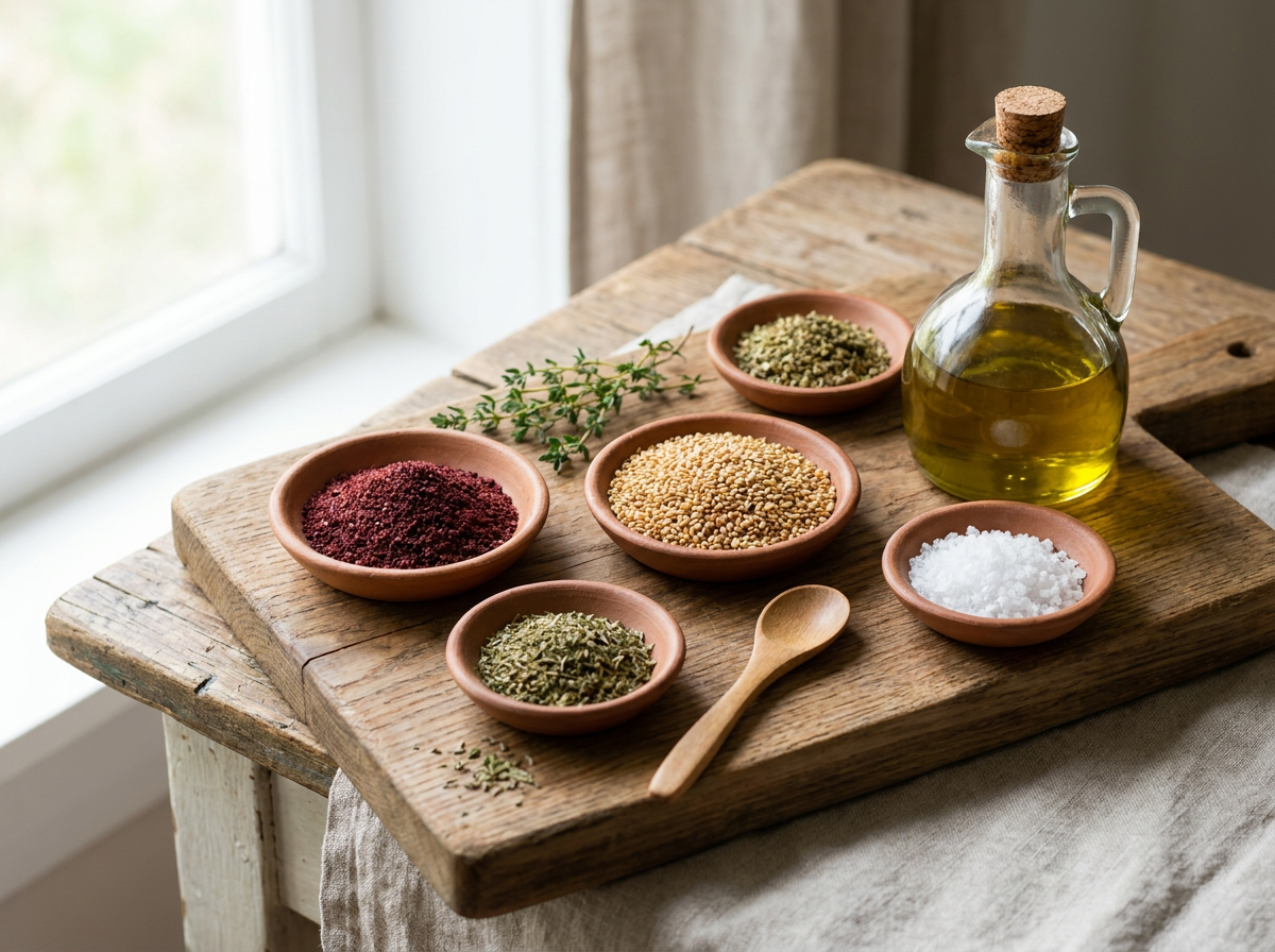 Zutaten für hausgemachtes Zaatar Gewürz mit Sumach geröstetem Sesam und getrocknetem Thymian