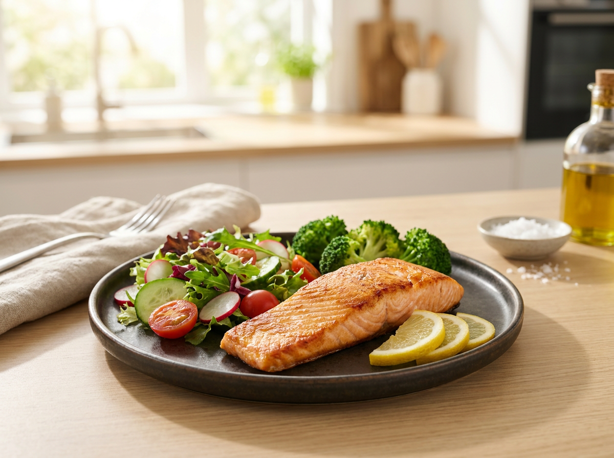 Frischer Low Carb Lachs mit grünem Gemüse und Zitrone