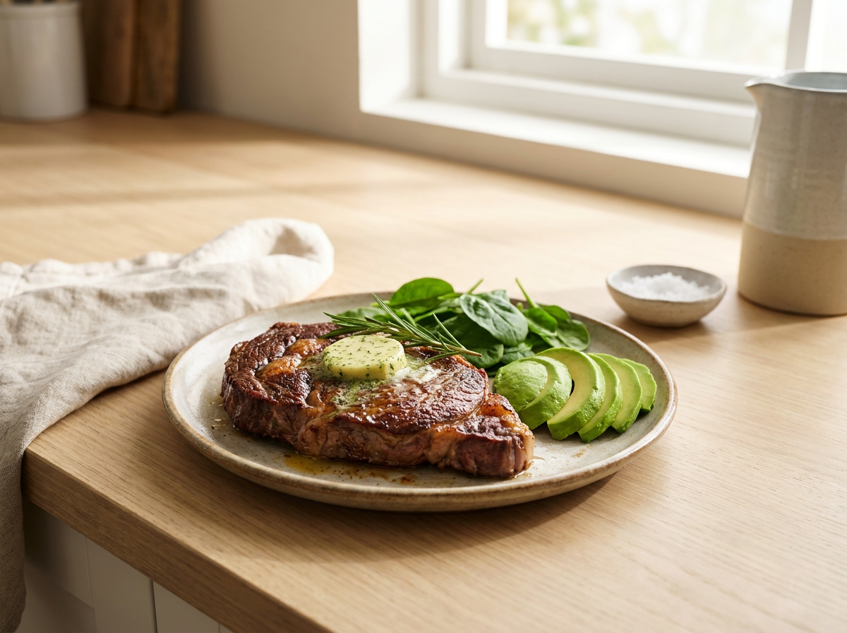 Saftiges Steak mit Kräuterbutter und Avocado für die Keto Ernährung