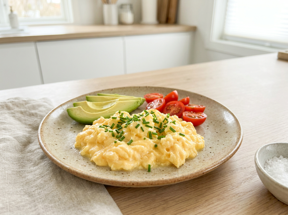 Frisches Rührei mit Schnittlauch und Avocado zum Frühstück