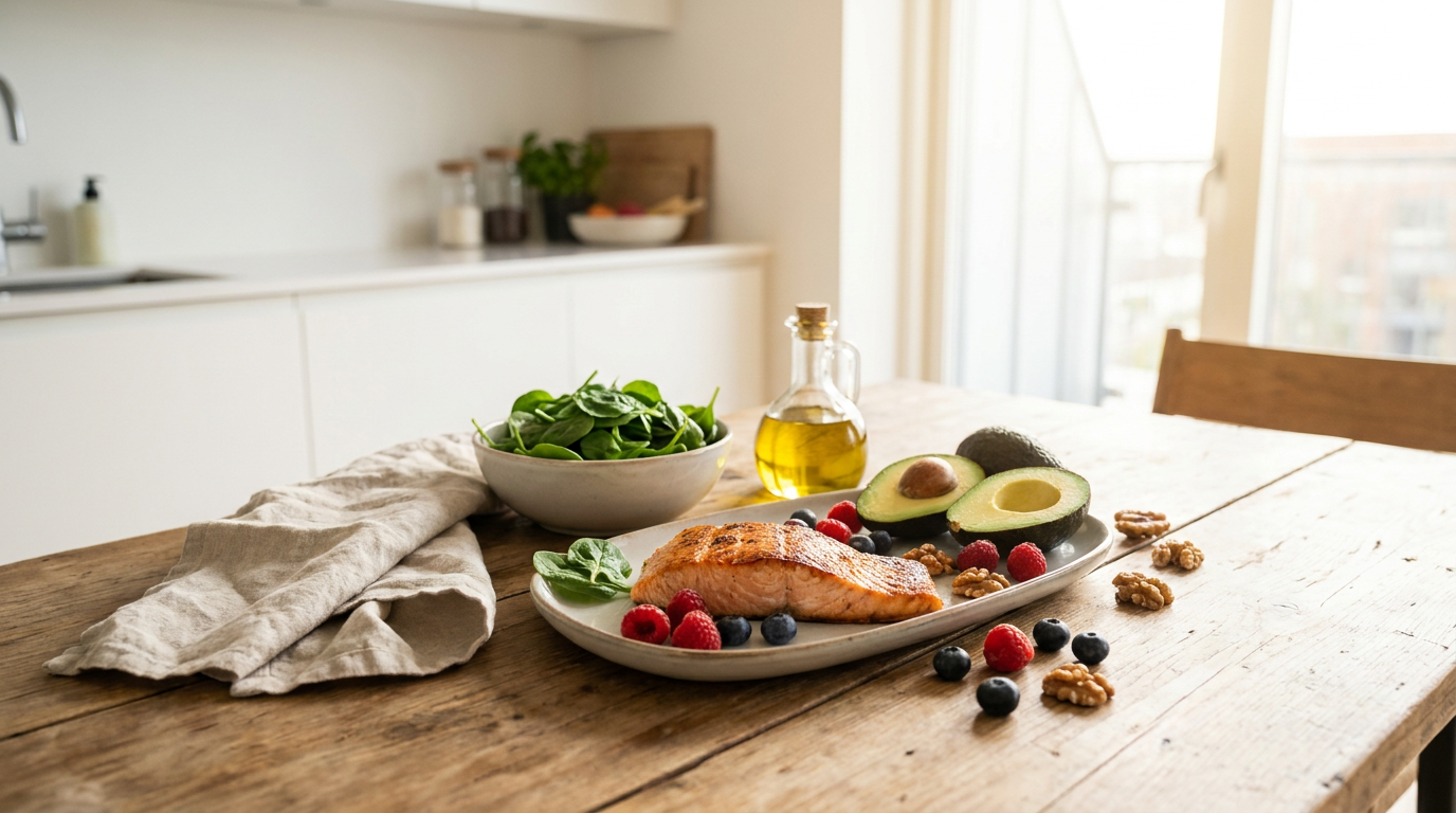 Vergleich von Low Carb und Keto Lebensmitteln auf einem gedeckten Tisch