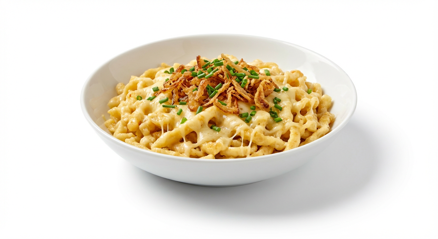 Schwäbische Käsespätzle aus frischem Eierteig in der rustikalen Gusseisenpfanne