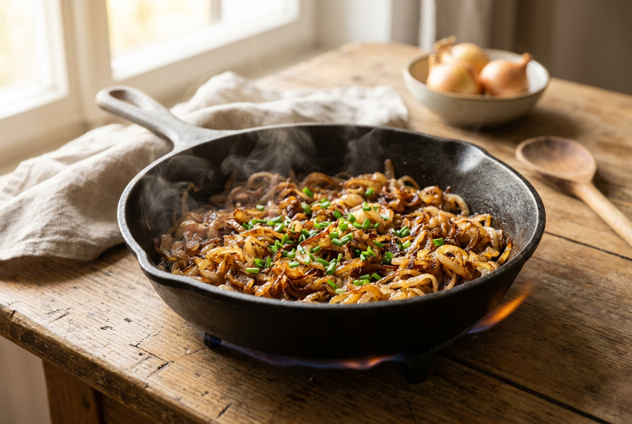 Frisch zubereitete goldbraune Röstzwiebeln in der Pfanne als Topping für Käsespätzle