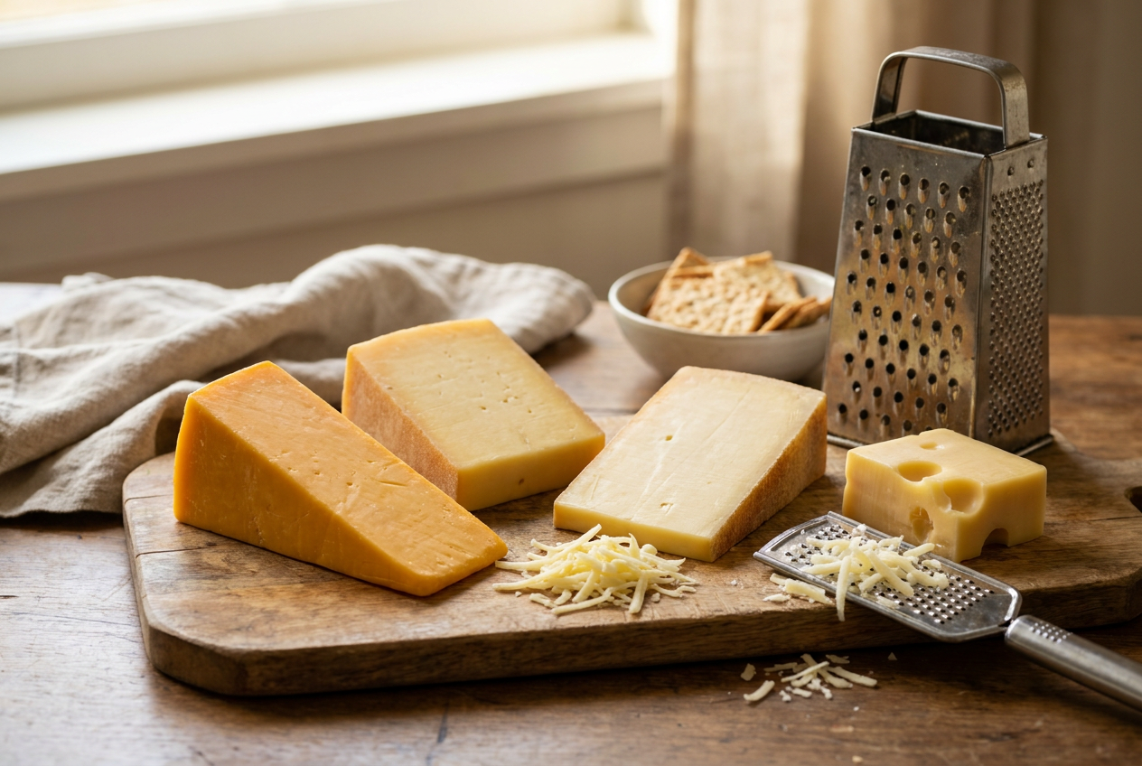 Auswahl feiner Käsesorten von Bergkäse bis Cheddar für Mac and Cheese und Spätzle