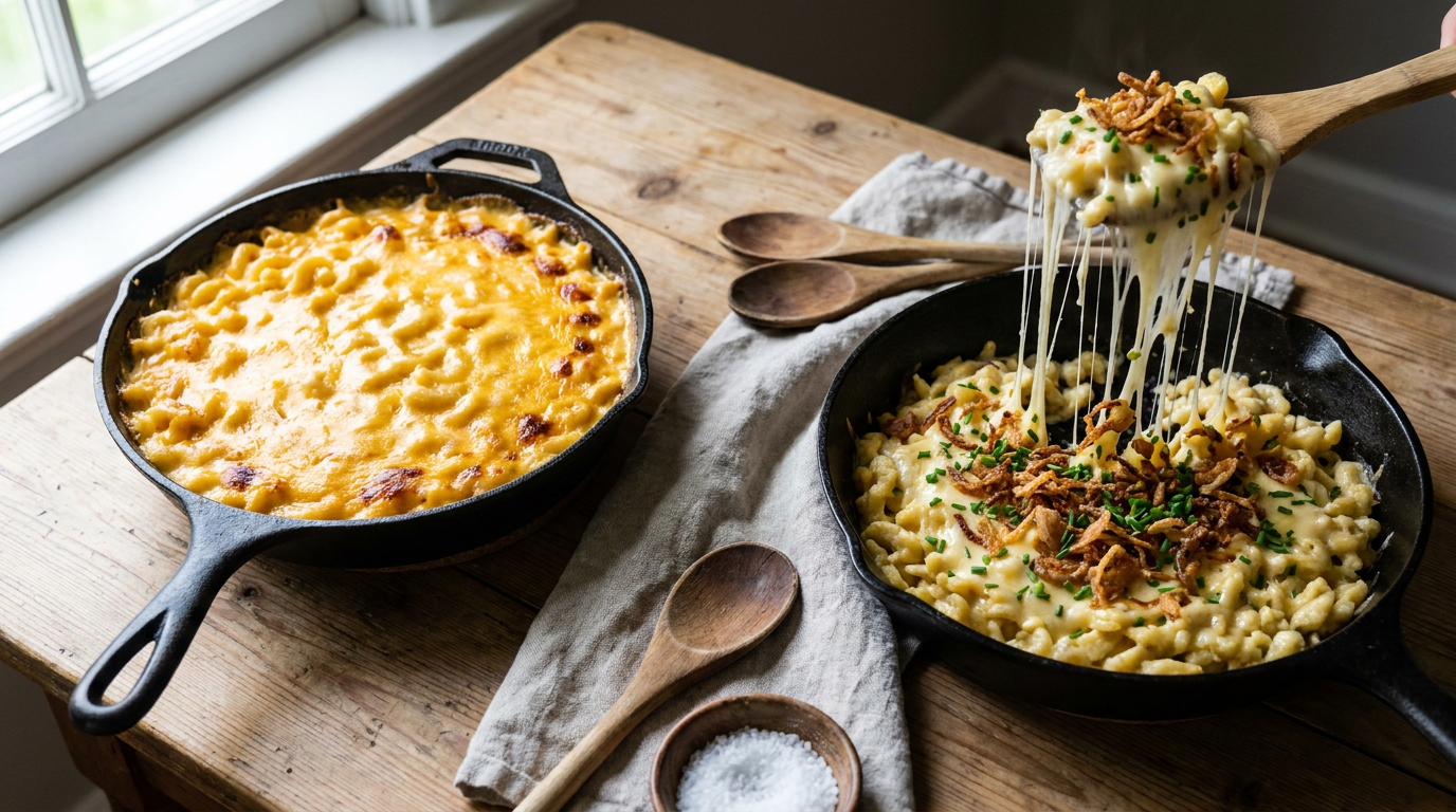 Mac and Cheese im direkten Vergleich mit rustikalen Allgäuer Käsespätzle