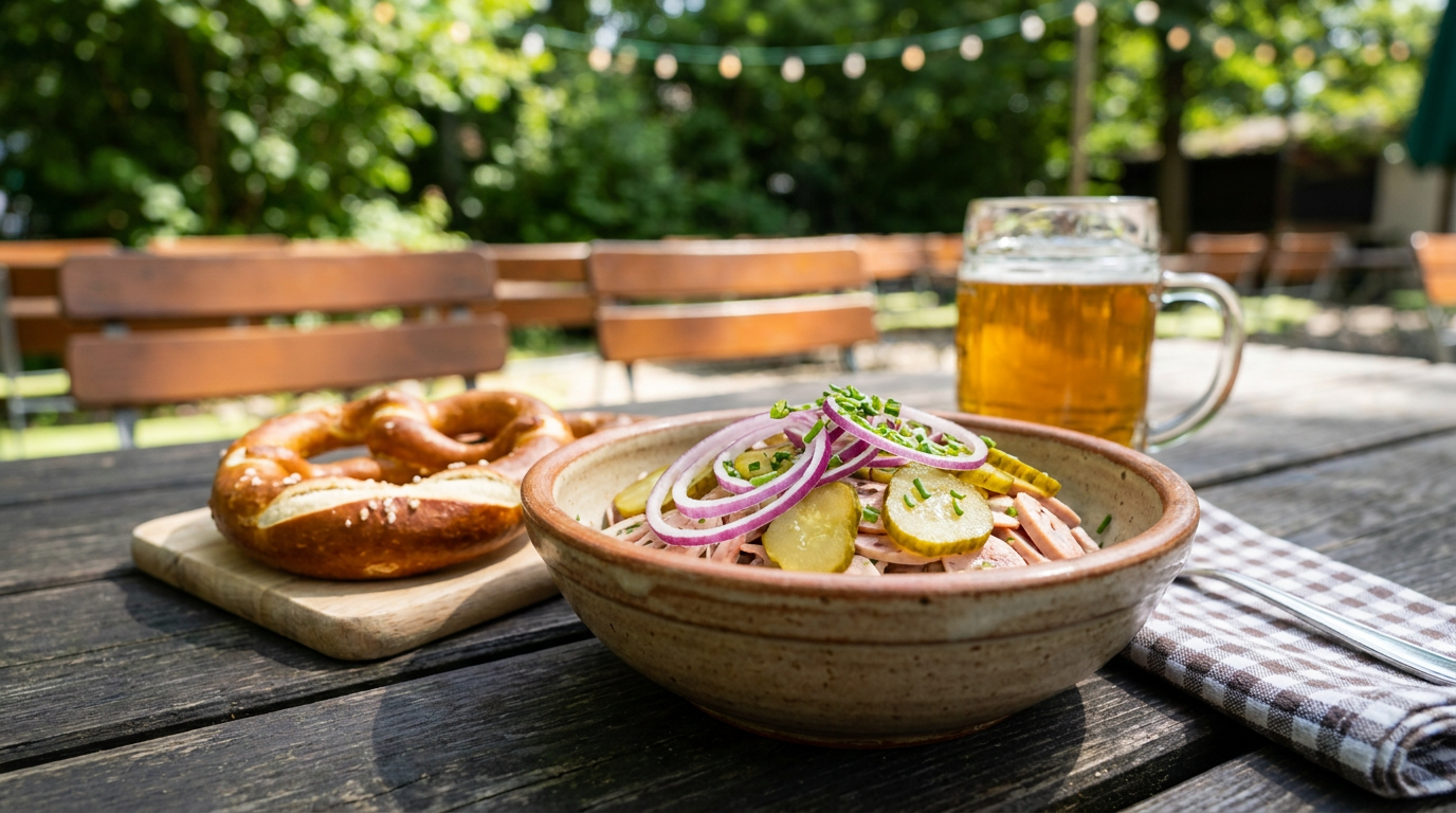 Frischer bayerischer Wurstsalat mit roten Zwiebeln, Essiggurken und Breze im Biergarten