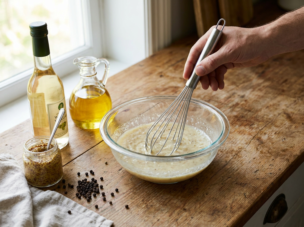 Zubereitung des traditionellen Essig-Öl-Dressings für Wurstsalat