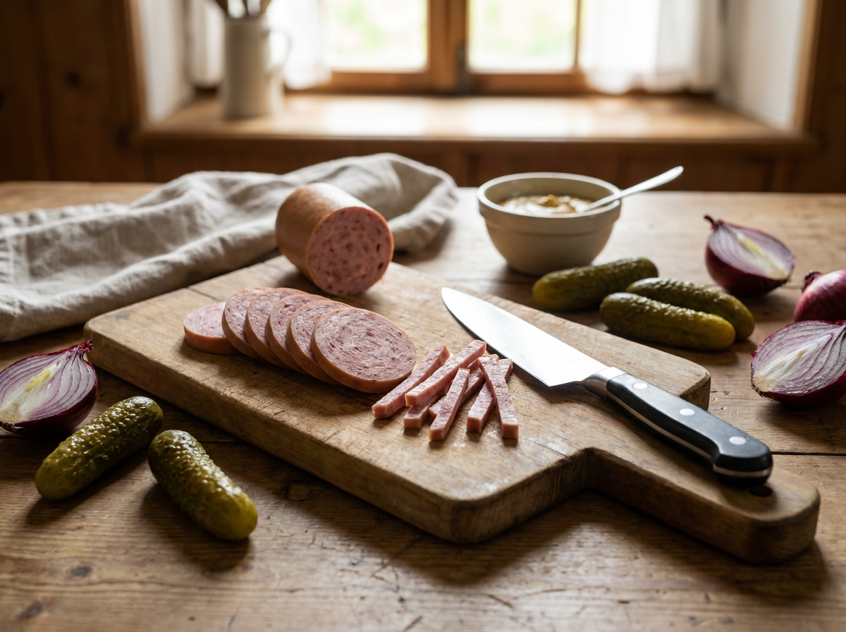 Frisch geschnittene Fleischwurst-Scheiben und Zutaten für Wurstsalat