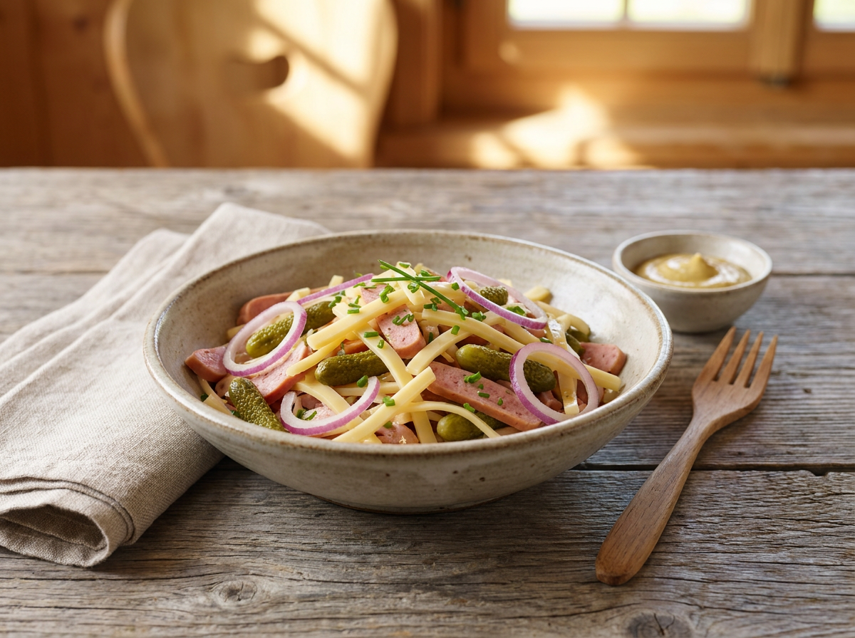 Schweizer Wurstsalat mit feinen Streifen Emmentaler Käse und Schnittlauch