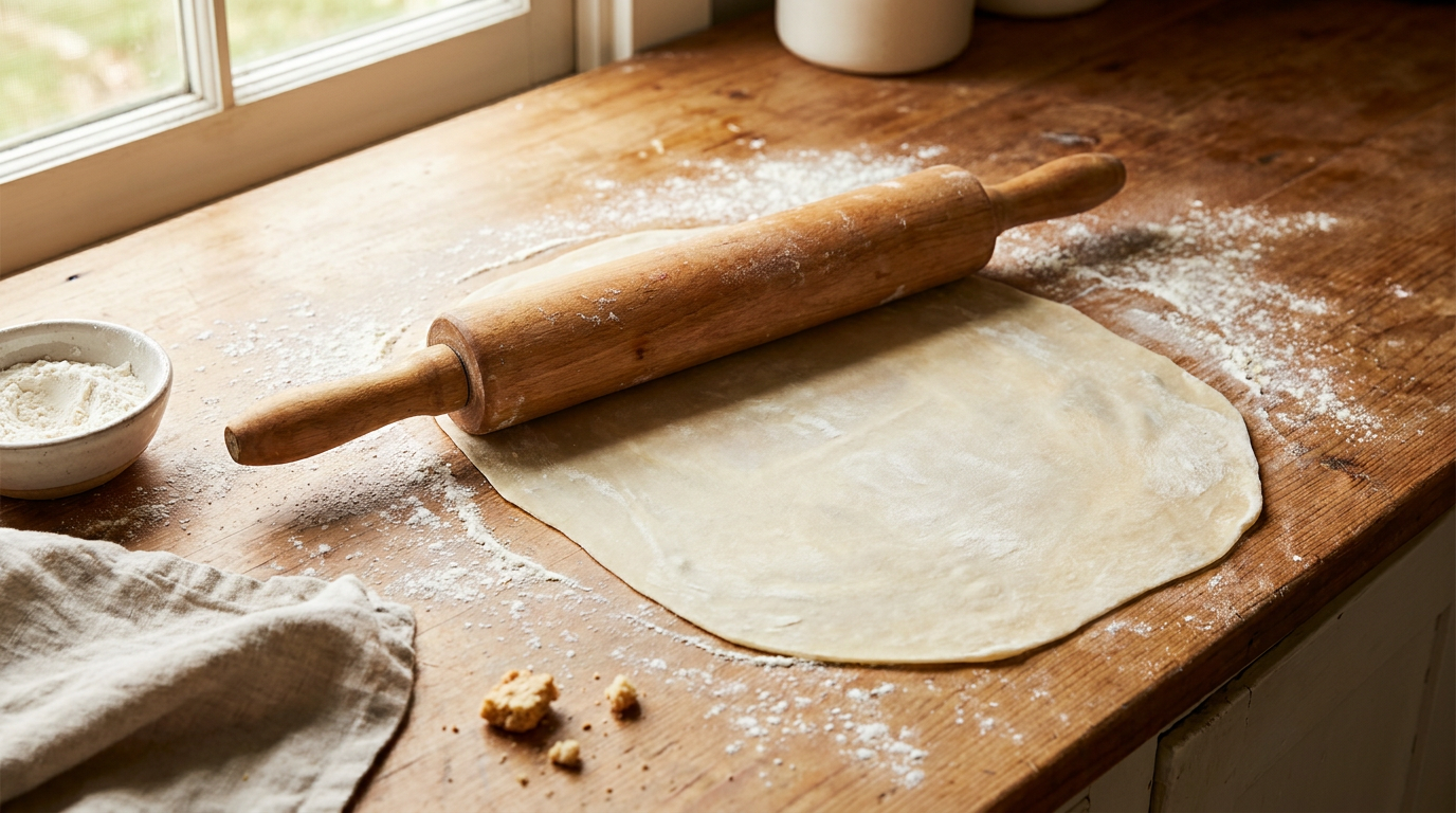 Flammkuchenteig wird auf bemehlter Arbeitsfläche hauchdünn mit dem Nudelholz ausgerollt