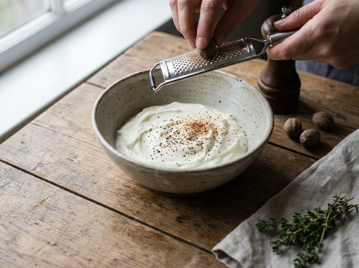 Frische Creme fraiche und Schmand werden in einer Schuessel mit Muskat und Pfeffer glattgeruehrt