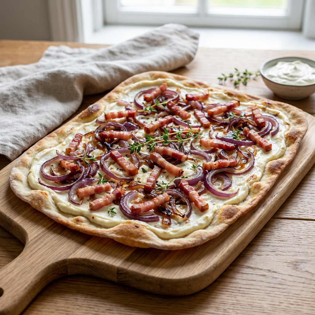 Klassischer Flammkuchen Elsässer Art frisch aus dem Ofen mit Speck und Zwiebeln