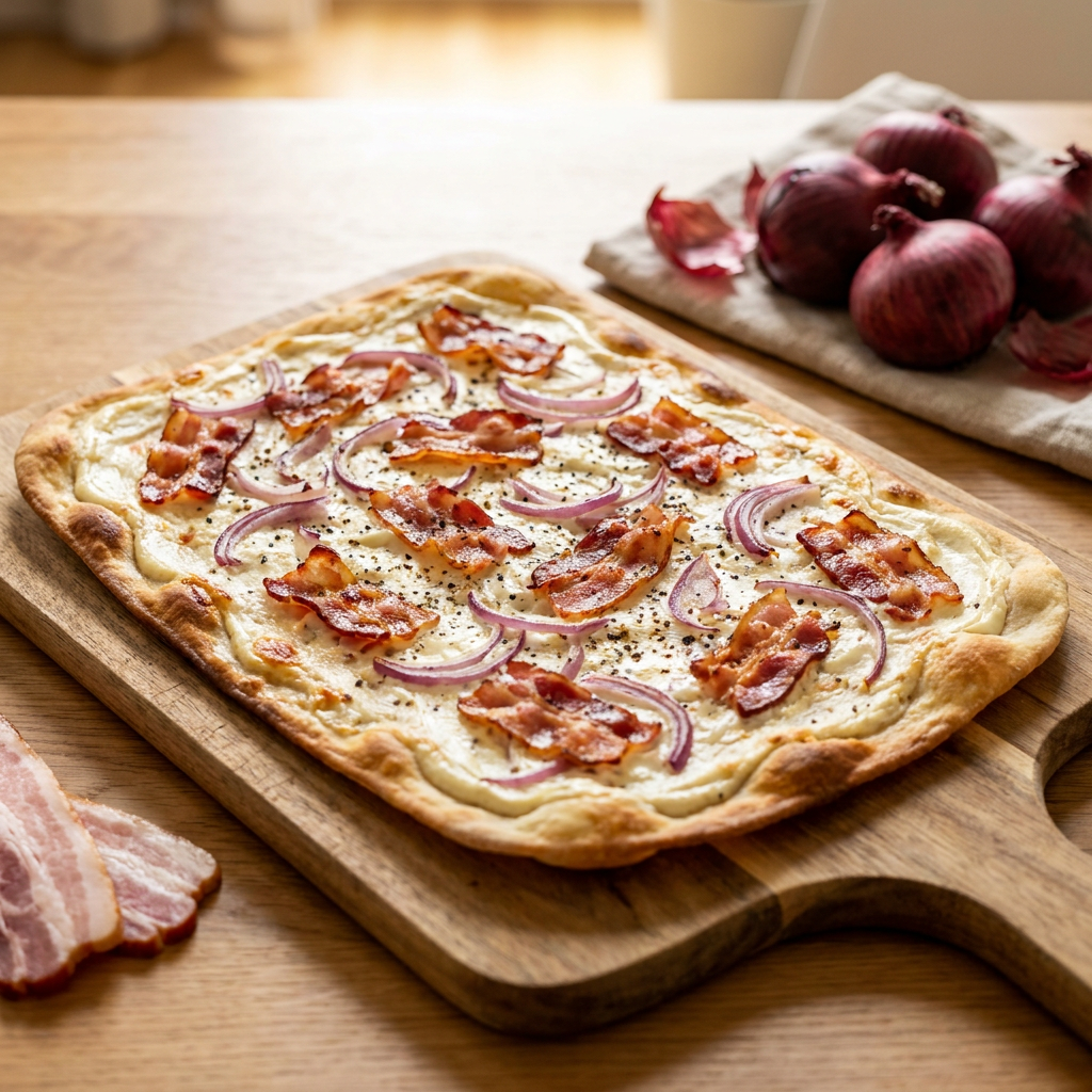 Nahaufnahme von duenn geschnittenen Zwiebelringen und Speckstreifen auf Flammkuchen