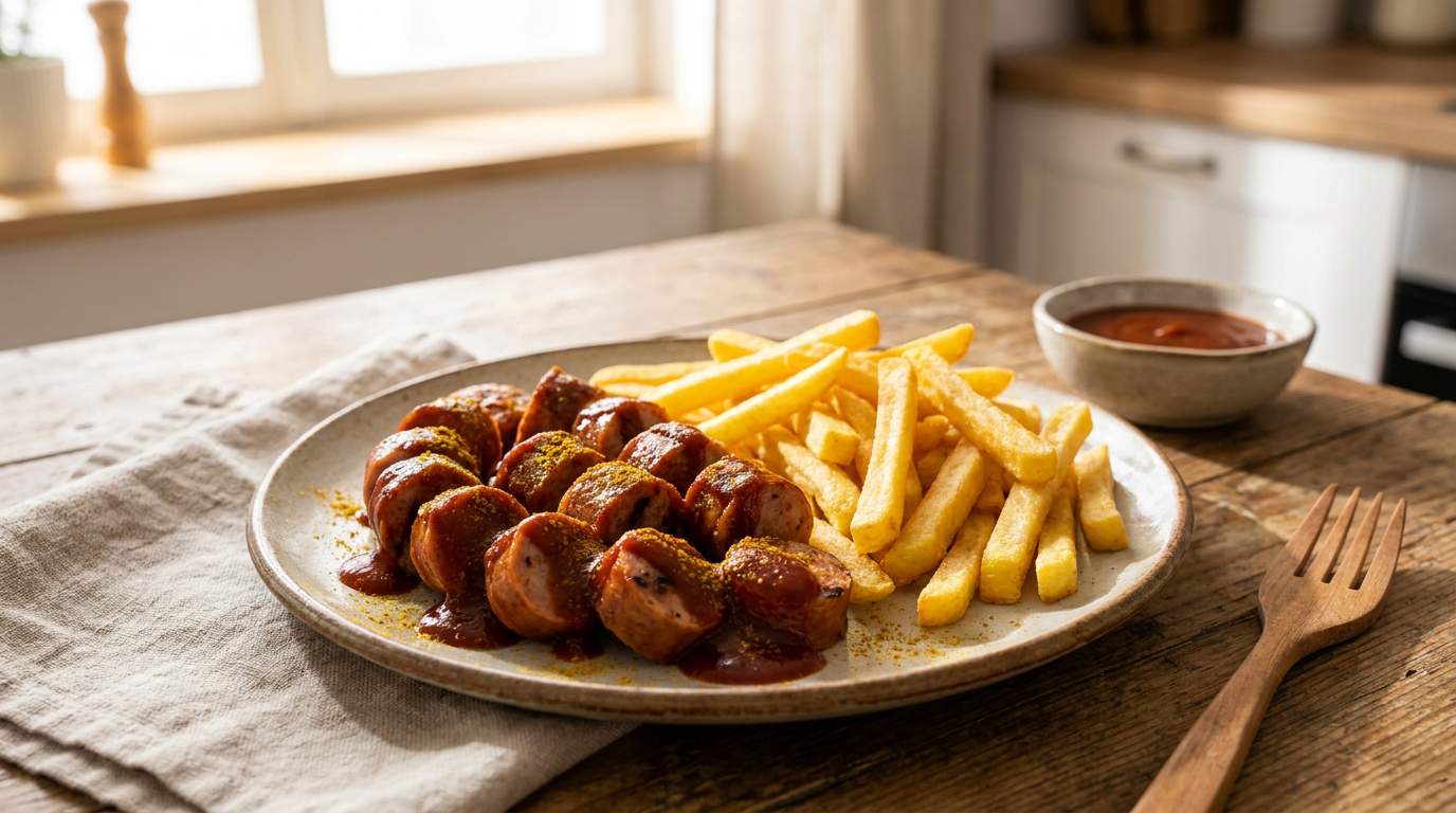Frisch zubereitete Currywurst mit hausgemachter Soße und Pommes frites