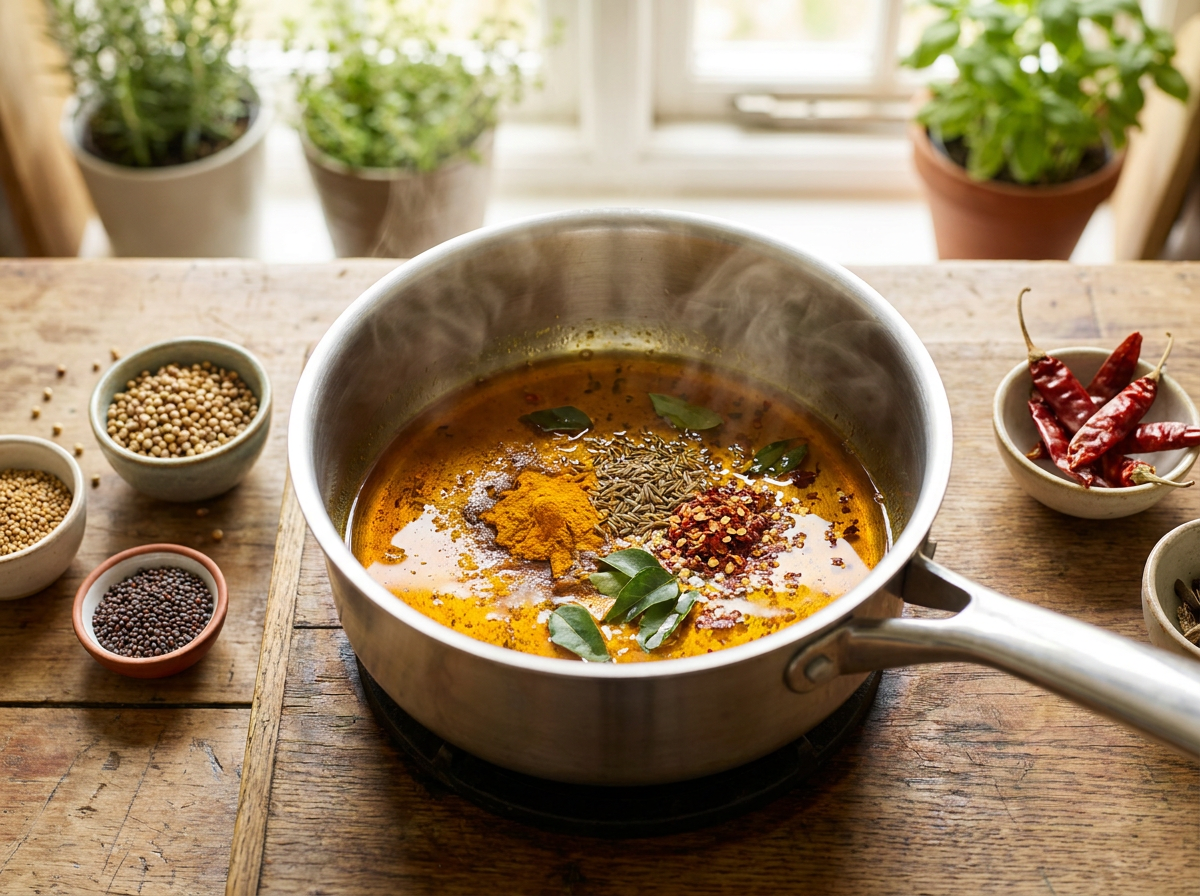 Aromatisches Anschwitzen von Currypulver und Gewürzen in warmem Öl