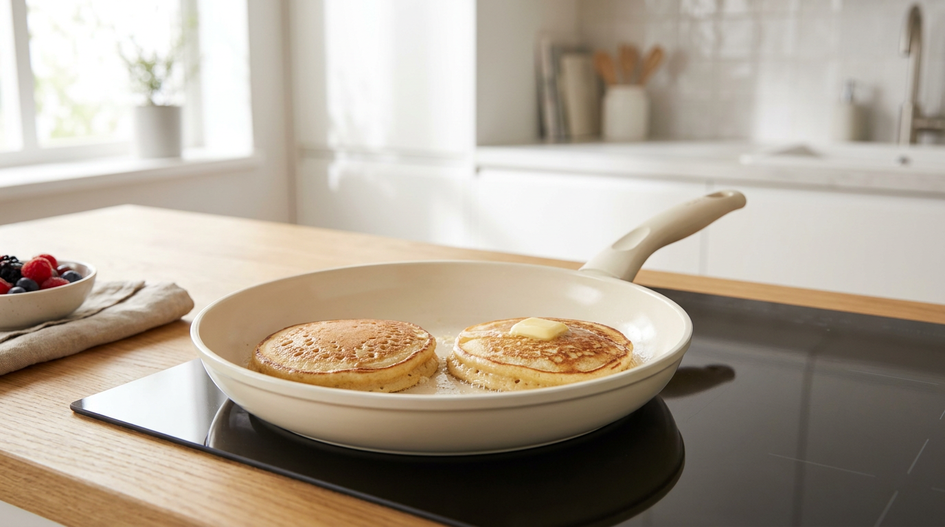 Cooking protein pancakes in the pan over gentle heat