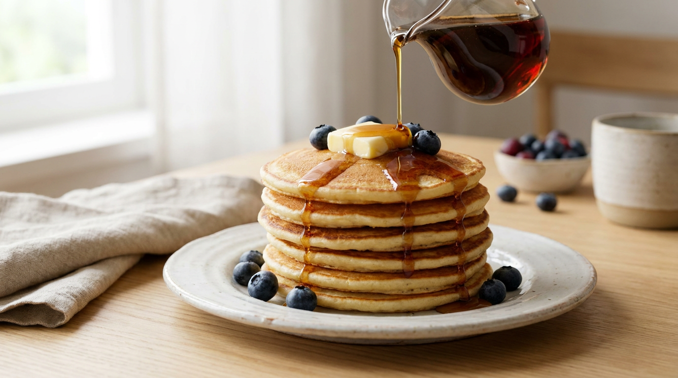 Freshly baked fluffy protein pancakes with berries and maple syrup