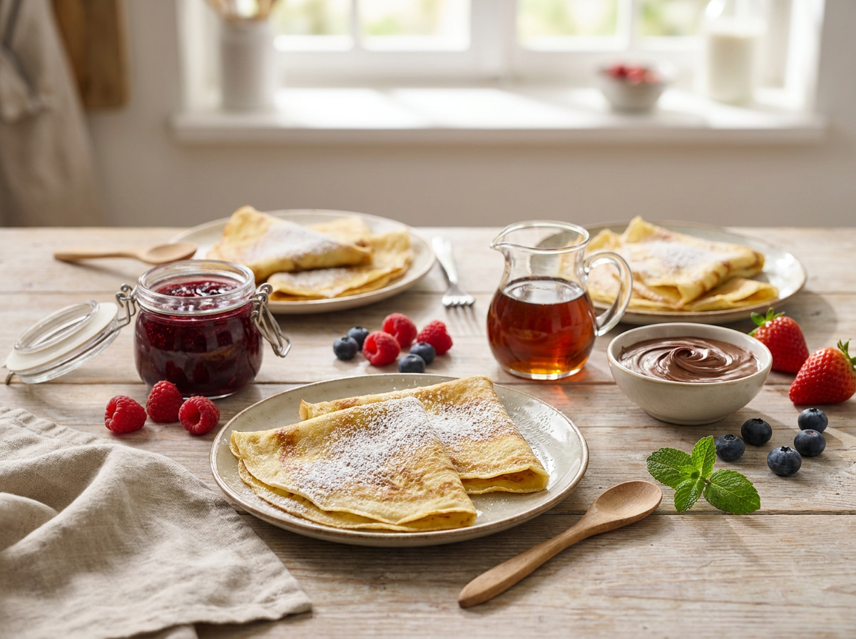 Variety of healthy pancake toppings with berries and nut butter