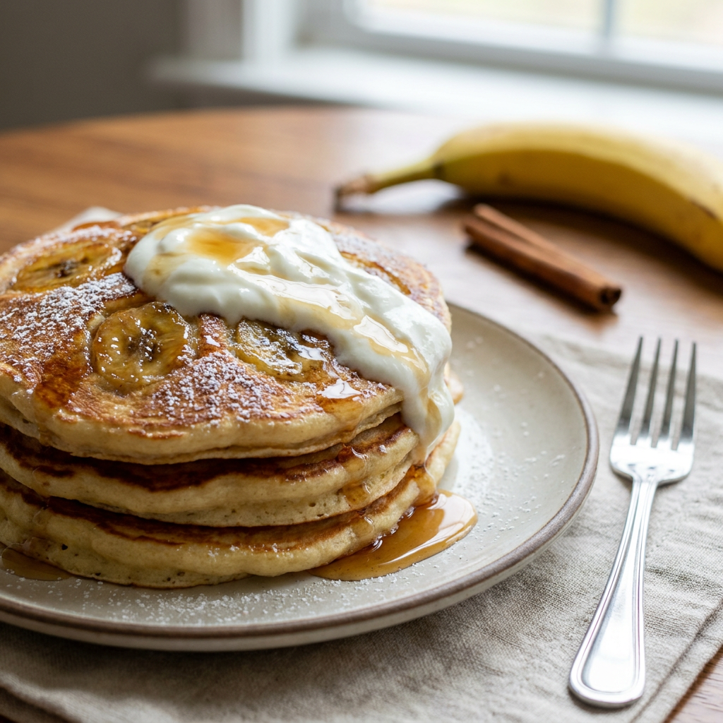 Golden brown banana protein pancakes with fine quark topping